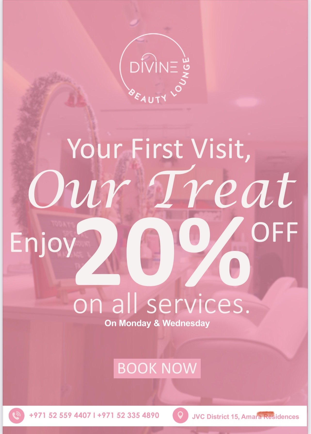  ''new client special!  Enjoy 20% off on all beauty services when you spend 200 AED or more on your first visit. 